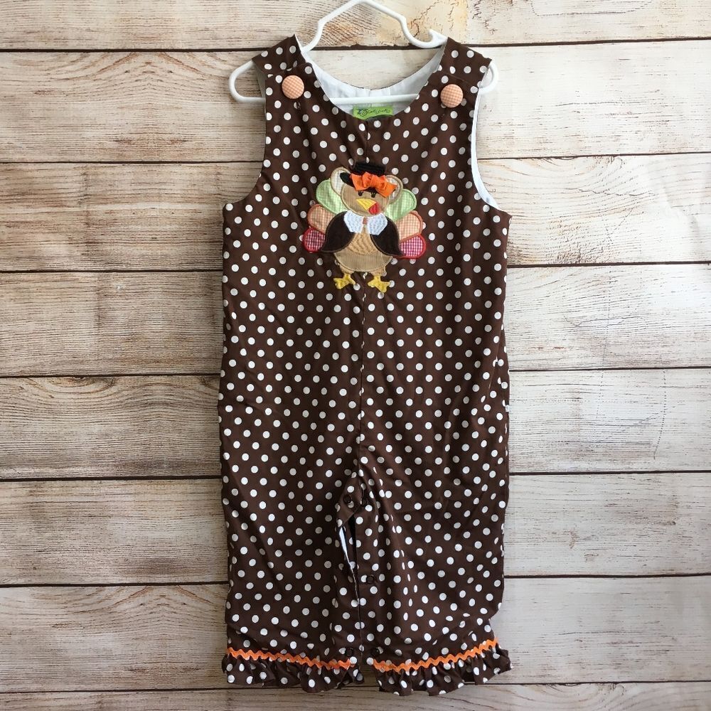 STELLYBELLY‎ BROWN AND WHITE POLKA DOT ROMPER WITH APPLIQUED TURKEY